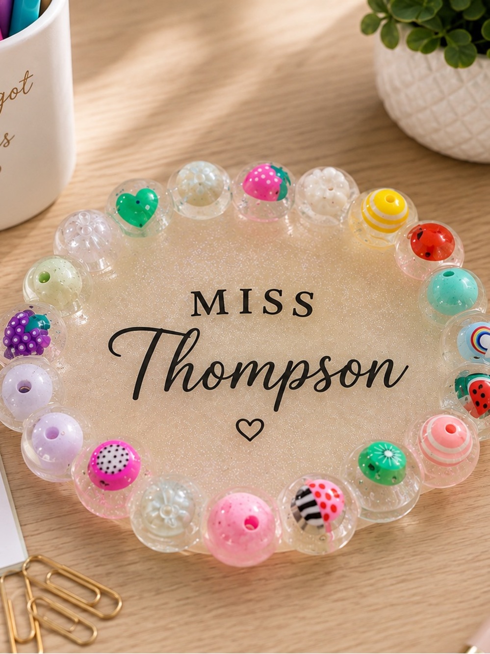 Personalized Glitter Pink Kids Name Bracelet - Pink Bead Accent